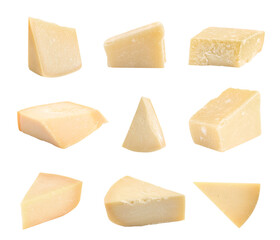 Set with pieces of delicious parmesan cheese on white background
