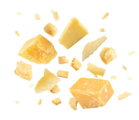 Pieces of delicious parmesan cheese flying on white background