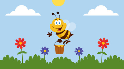 Bee Cartoon Character Flying With Bucket In The Garden. Vector Illustration Flat Design With Background