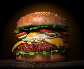 Close-up of home made tasty burger on wooden table. 3D illustration