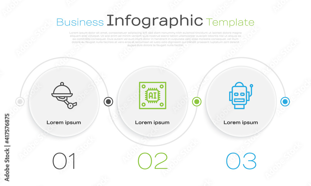 Poster set line waiter robot, processor with microcircuits cpu and robot. business infographic template. ve