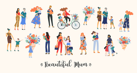 Beautiful Mum. Vector collection of cute illustration. Mothers with children. Clipart. Concept for Mothers day and other