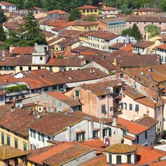 Fototapeta na wymiar Lucca aerial view. Italian Medieval town. Tuscany traveling - Tuscan landmarks.