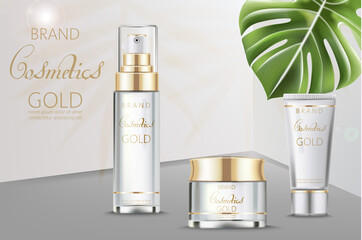 Cosmetics set vector realistic. Product package. Moisturizers tube containers. Cream bottles golden labels design. Tropic leaves on beige and white backgrounds