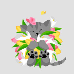 cat with flowers. vector greeting card with a cute kitten and a bouquet of flowers