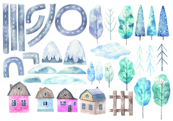 large set with elements of the city, roads, houses, trees, mountains, childrens illustration