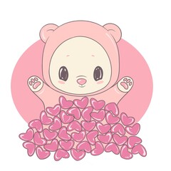 illustration of cartoon character and many hearts on white background