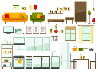Fototapeta premium living room and kitchen furniture set, vector flat illustration 