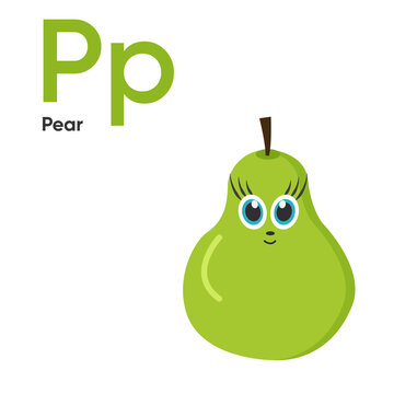 Cute Vegetables and Fruit Alphabet Series A-Z. Vector ABC. Letter Pp. Pear. Cartoon fruits and vegetables alphabet for kids. Isolated vector icons Education, baby shower children prints, decor, card
