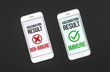 Health passport mobile app concept, vaccination results on screen of smartphones, positive and negative
