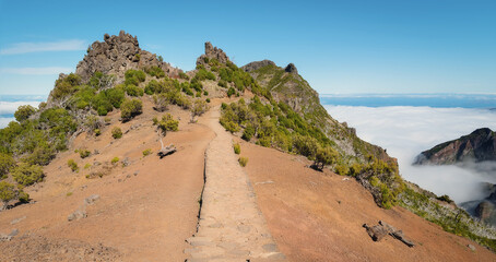 Trekking from Pico do Arieiro to Pico Ruivo, Madeira island, Portugal. Beautiful mountain view.