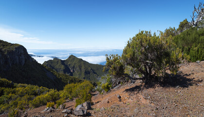 Trekking from Pico do Arieiro to Pico Ruivo, Madeira island, Portugal. Beautiful mountain view.