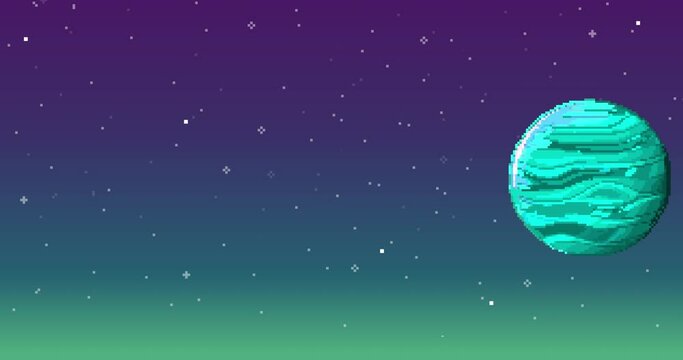 Pixel art space animation. Planet, stars. Pixel art 8 bit vector game
