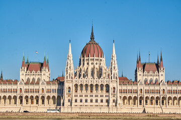 Fototapeta na wymiar Hungarian Parliament by day, Budapest. One of the most beautiful buildings in the Hungarian capital.