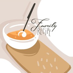 Hand drawn vector abstract modern cartoon cooking class illustrations poster with preparing food scene,cream soup plate and modern handwritten calligraphy Family recipe isolated on white background