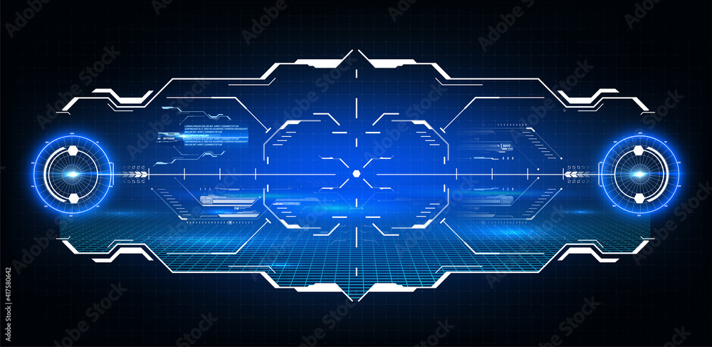 Poster blue virtual reality space. futuristic vr frame, head-up display design. sci-fi helmet hud ui. futur