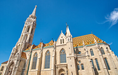 Matthias Church in Fisherman Bastion and Holy Trinity column, Budapest, Hungary
