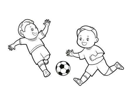 Sketched boys playing soccer. Isolated line art, vector illustration, coloring book for children.