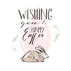 Hand drawn vector abstract sketch graphic collage Happy Easter cute simple bunny illustrations greeting card poster and handwritten calligraphy Wishing you a Happy Easter isolated on white background