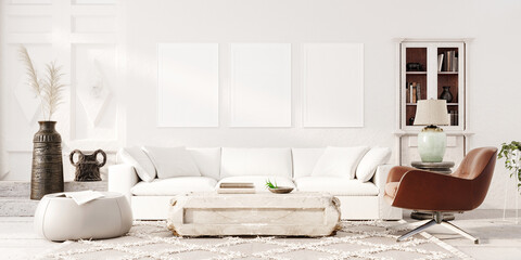 Modern white living room interior design with decoration and empty mock up picture frames 3D Rendering, 3D Illustration