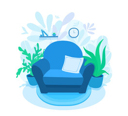 Living room interior with a cozy armchair. A floral decorated wall. Comfortable sofa at home. A vector cartoon illustration. 