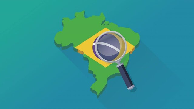 Loop de pesquisa com uma lupa no mapa da bandeira do Brasil em um fundo azul e com uma sombra (design plano)
