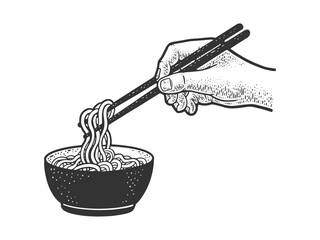 Chinese noodles are eaten with chopsticks sketch engraving vector illustration. T-shirt apparel print design. Scratch board imitation. Black and white hand drawn image.