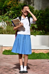 Filipina Student Teenager School Girl Sunny Day Wearing Uniform With Textbooks Standing