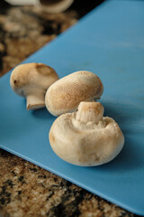 mushrooms on a blue chopping board
