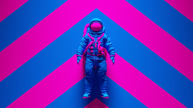 Blue Pink Spaceman Astronaut Cosmonaut with Pink an Blue Chevron Background 3d illustration render