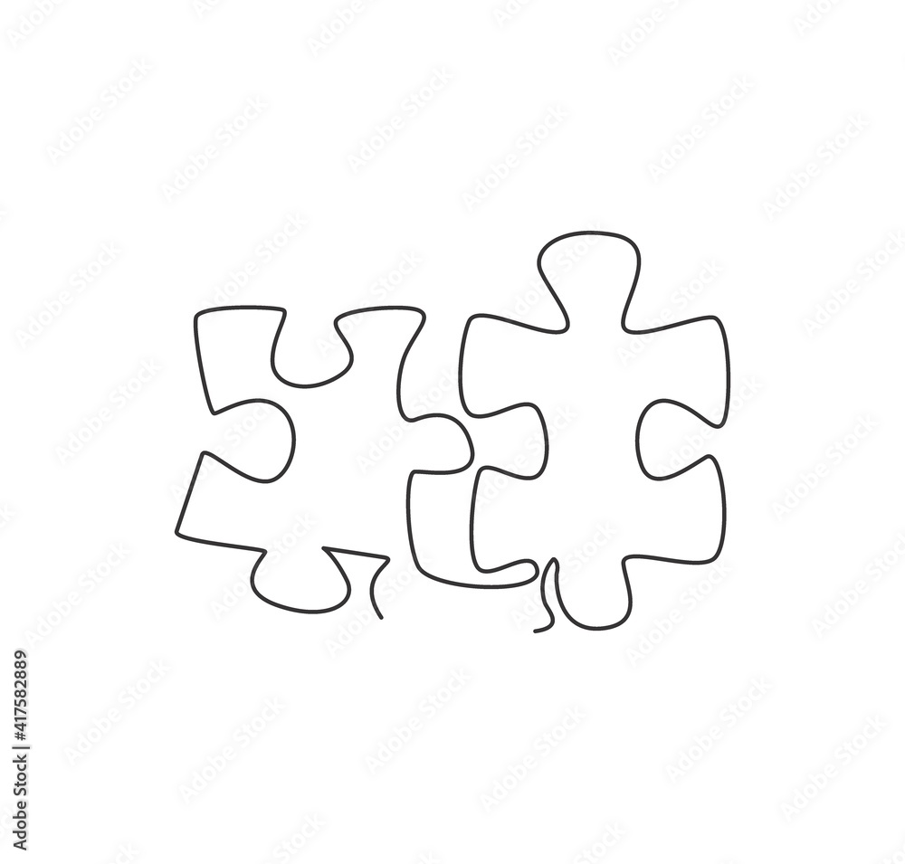 Poster one single line drawing of puzzle pieces for connection company logo identity. teamwork business ico