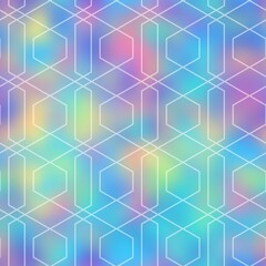 Holographic foil vivid trendy seamless geometric pattern. Opalescent psychedelic design in pastel rainbow colors. Cosmic futuristic iridescent graphic swatch.