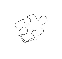 Single continuous line drawing of a puzzle piece for human creativity thinking process. Toy kids company logotype symbol template concept. Dynamic one line draw graphic vector illustration