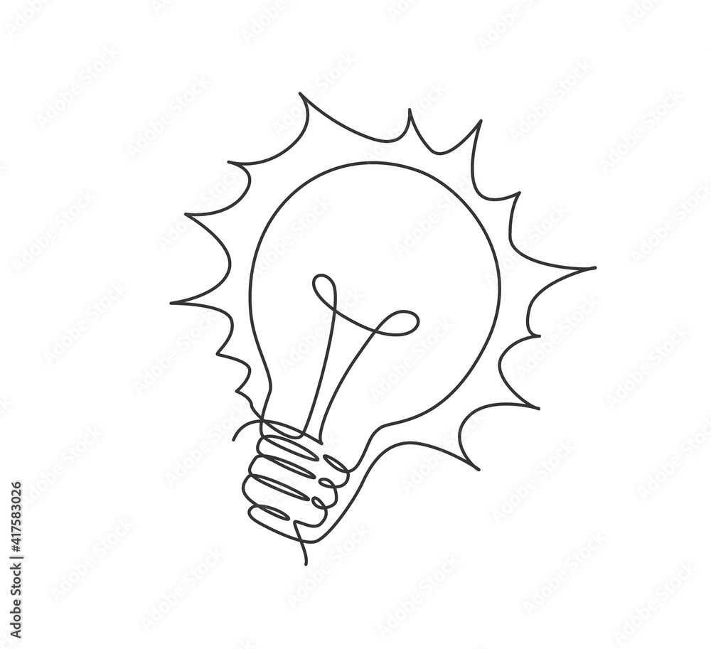 Poster single continuous line drawing of shining lightbulb for creativity logo label. power innovation logo
