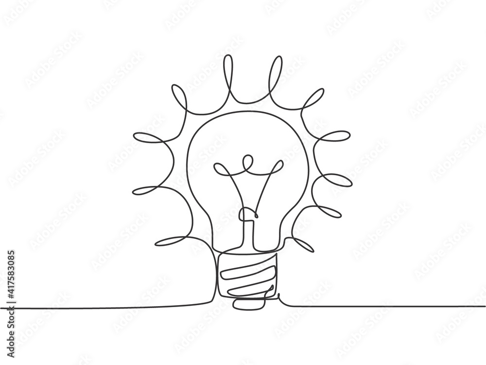 Poster single continuous line drawing of bright shinging lightbulb for logo label. power electricity logoty
