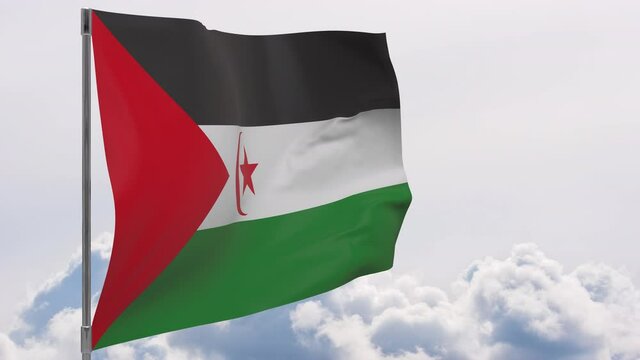 Sahrawi Arab Democratic Republic flag on pole with sky background seamless loop 3d animation