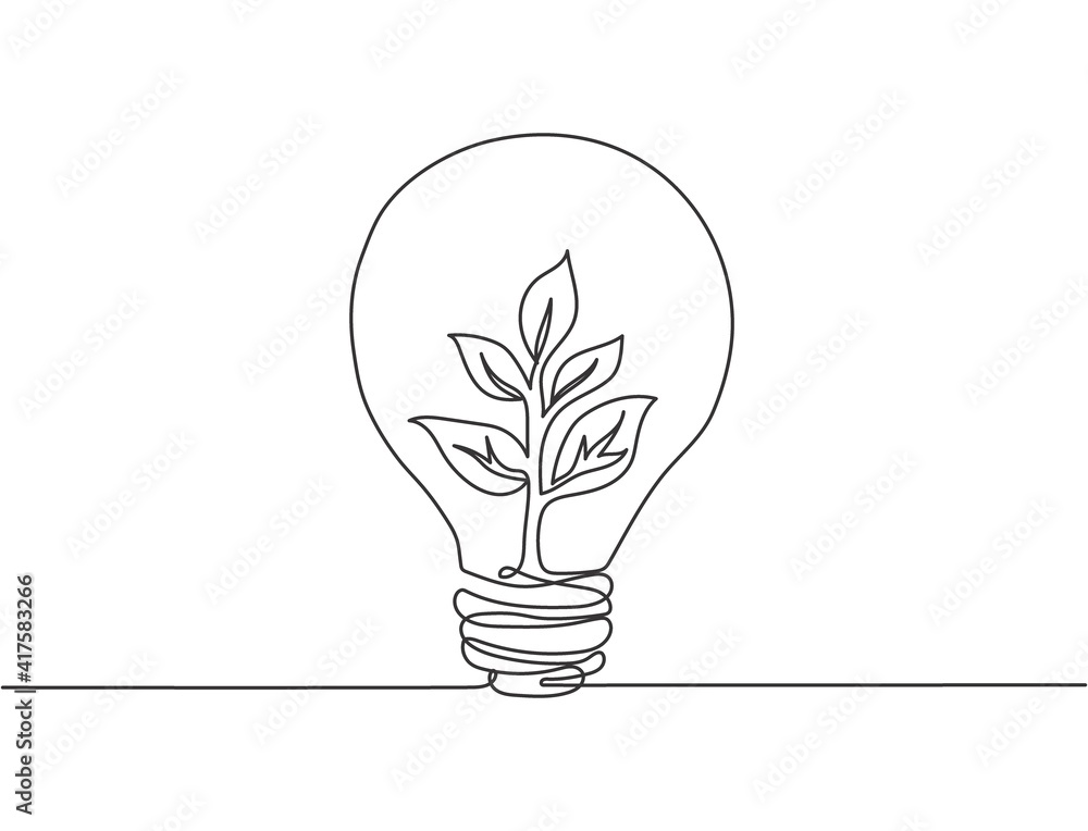 Poster single continuous line drawing of lightbulb with green natural leaf for company logo label. green po