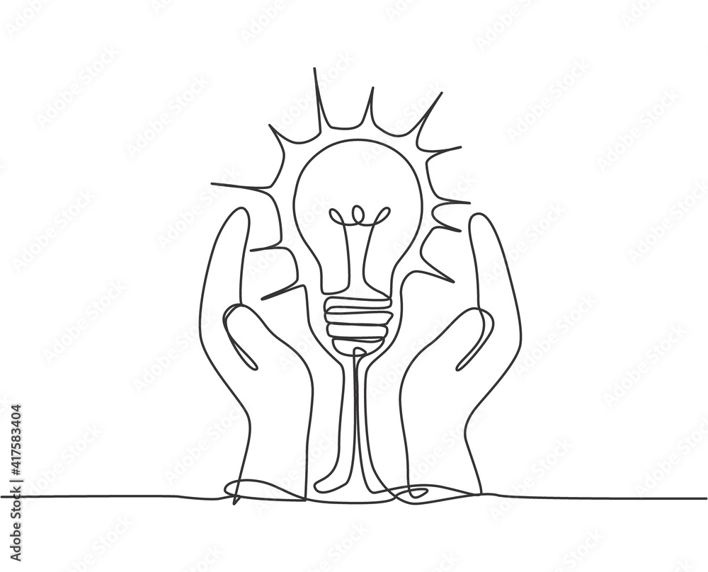 Poster single continuous line drawing of open hands protect lightbulb for logo label. company safe protecti