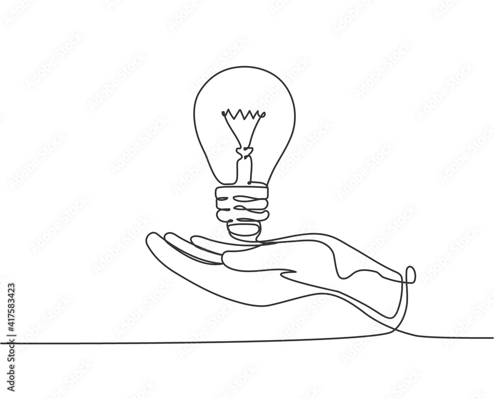 Poster one single line drawing of open palm hand holding bright lightbulb for invention company logo identi