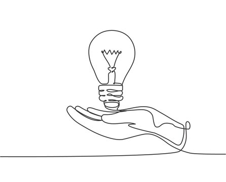 One single line drawing of open palm hand holding bright lightbulb for invention company logo identity. Creativity icon concept from bulb shape. Trendy continuous line draw design vector illustration