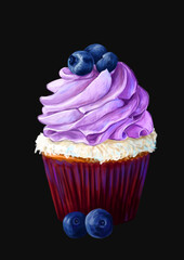 Food illustration - image of a cupcake on a black isolated background, with cream and blackberry. Hand drawn illustration