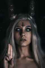 portrait of a demon girl with white hair, horns, and no pupils. Beautiful smokey eye makeup