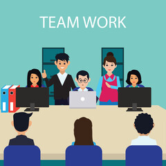 team work business concept showing team work man and woman while working in room with office interior, vector illustration