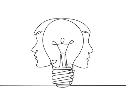 One single line drawing of two men face with light bulb at the center logo identity. Human creativity company logotype icon template concept. Continuous line draw design graphic vector illustration