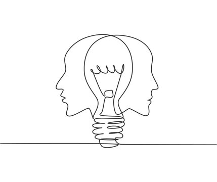 Single continuous line drawing of twin human face with light bulb in the middle logo label. Psychology mind inspiration icon label concept. Trendy one line draw graphic design vector illustration