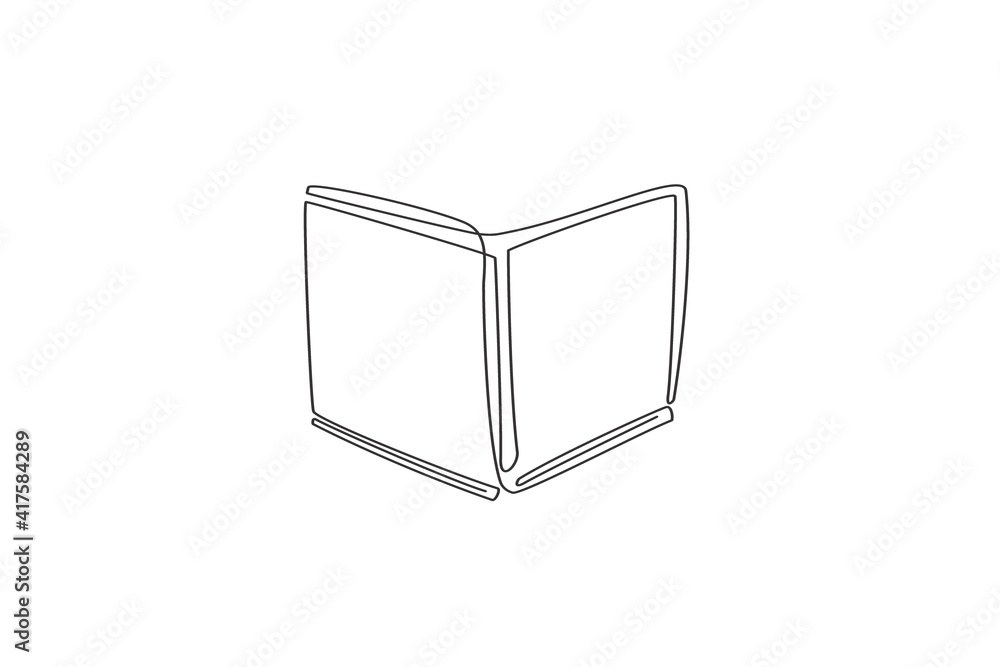 Poster single continuous line drawing of open textbook for publishing company logo label. educational handb