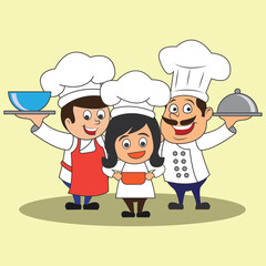 chef man and woman with the toque holding a dish ready to serve. cartoon character. vector illustration
