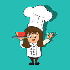 chef woman with the toque holding a dish ready to serve. cartoon character. vector illustration