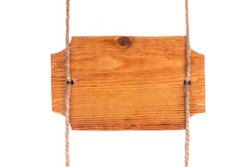 Vintage wooden signboard hangs on four ropes. Isolated on a white background. With space for design, text place.