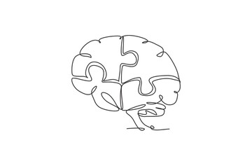 One single line drawing of human brain forming from pieces of puzzles logo identity. Psychological office to find personality icon logotype concept. Continuous line draw design vector illustration